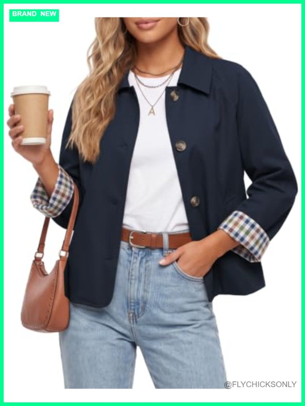 Womens Cropped Trench Coat Button Down Casual Jacket Plaid Lining